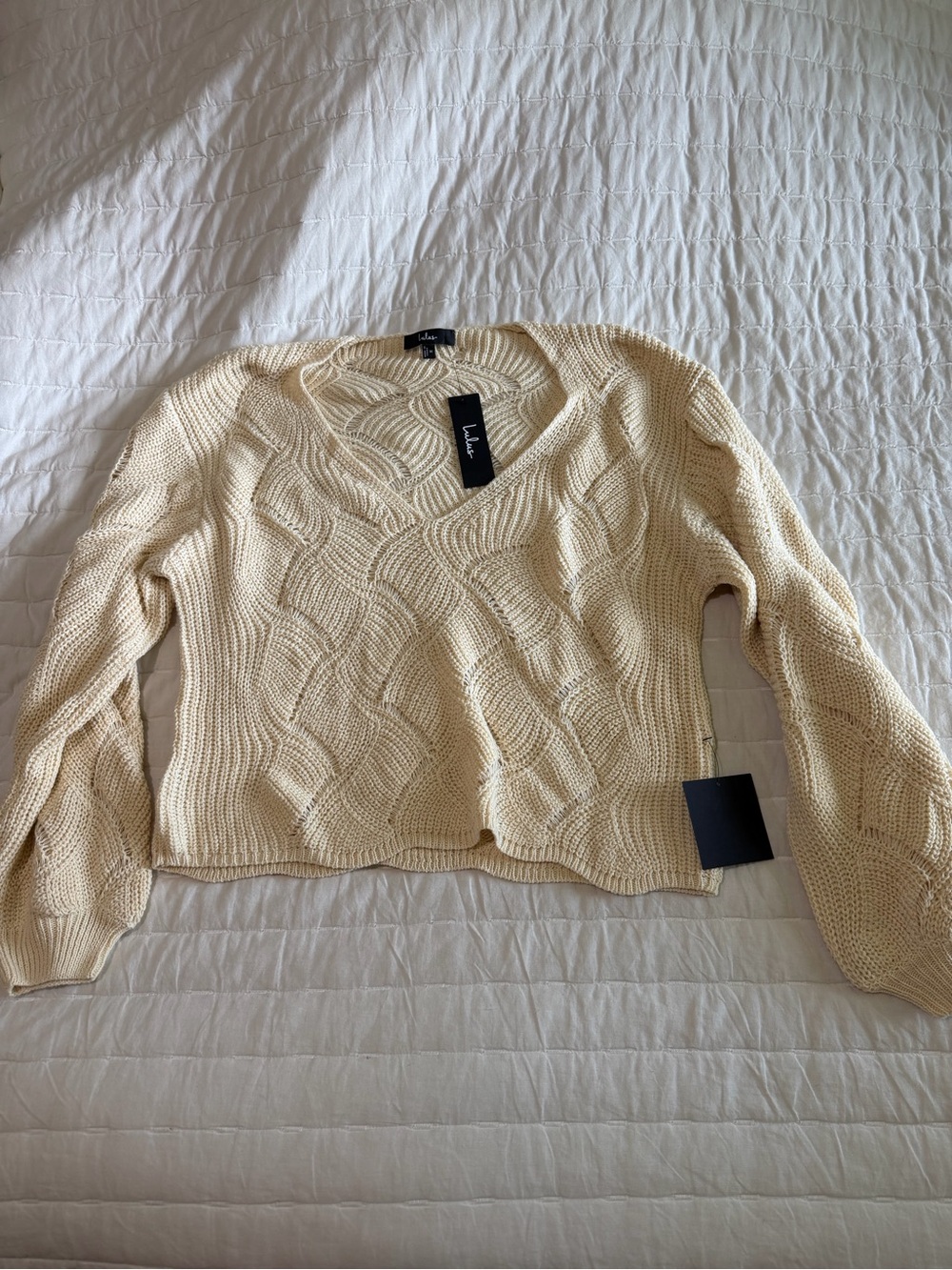 Lulu's Cream Cable Knit V-Neck Pullover